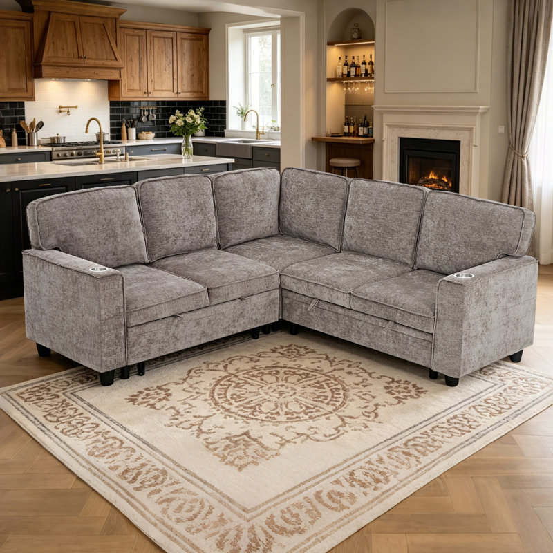 Muli 3-Piece Brown Chenille Sectional Sofa Sleeper with Storage and USB Charge, Light Brown Chenille