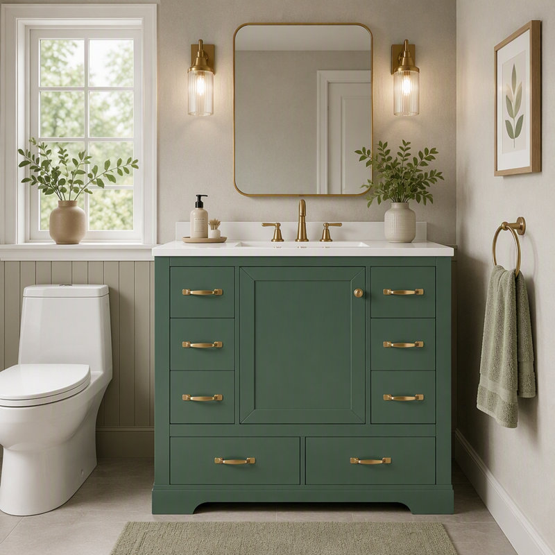 Meuble-lavabo 36 po sans lavabo, base d'armoire seulement, six tiroirs, séparateur de tiroir multifonctionnel, green