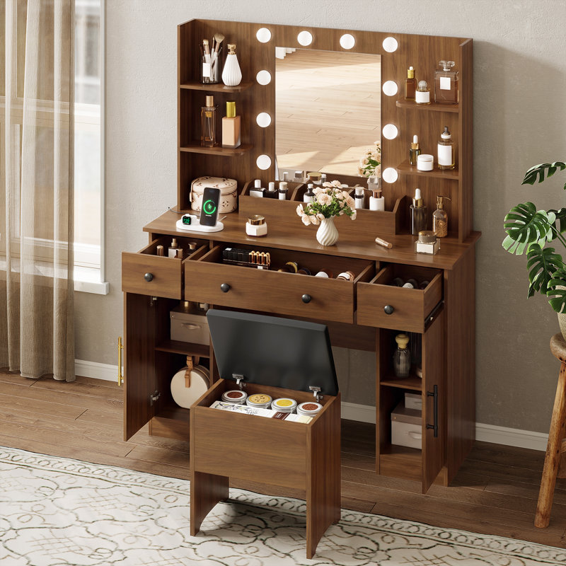Ensemble de coiffeuse moderne avec miroir Guram avec miroir, dix ampoules et lumière réglable Dazzle, 7 tiroirs et tabouret, prise de courant USB