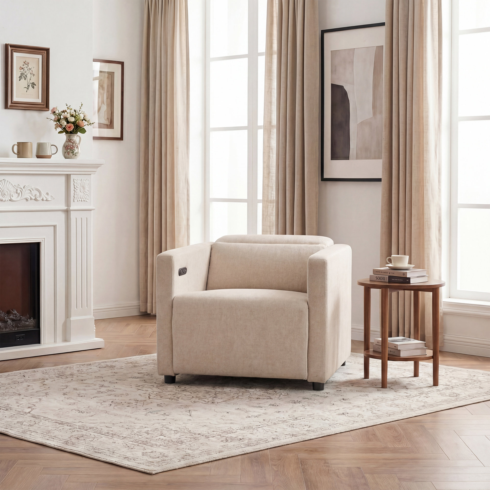 Klein Upholstered Power Recliner, Alabaster Cream Performance Chenille