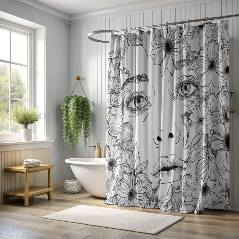 Simple Floral Line Art - 1 Piece Standard Shower Curtain, 74" H x 71" W