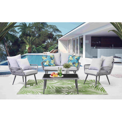 4-Sitzer Lounge-Set Abbyville aus Rattan mit Polster
