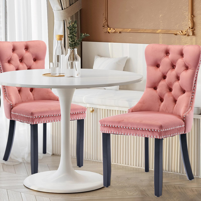 Friedrun Velvet Dining Chair Tufted Dining Room Chair with Solid Wood Leg, Pink