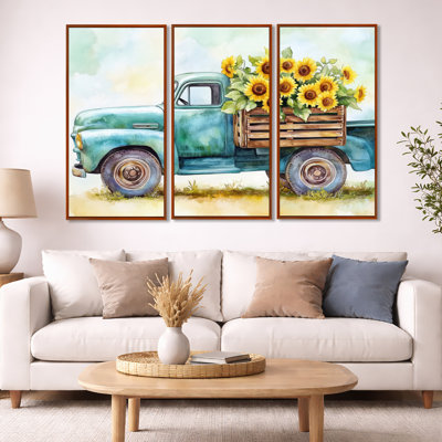 Art mural rétro de camion, toile de campagne - ensemble de 3 pièces d'art encadrées sur toile encadrées