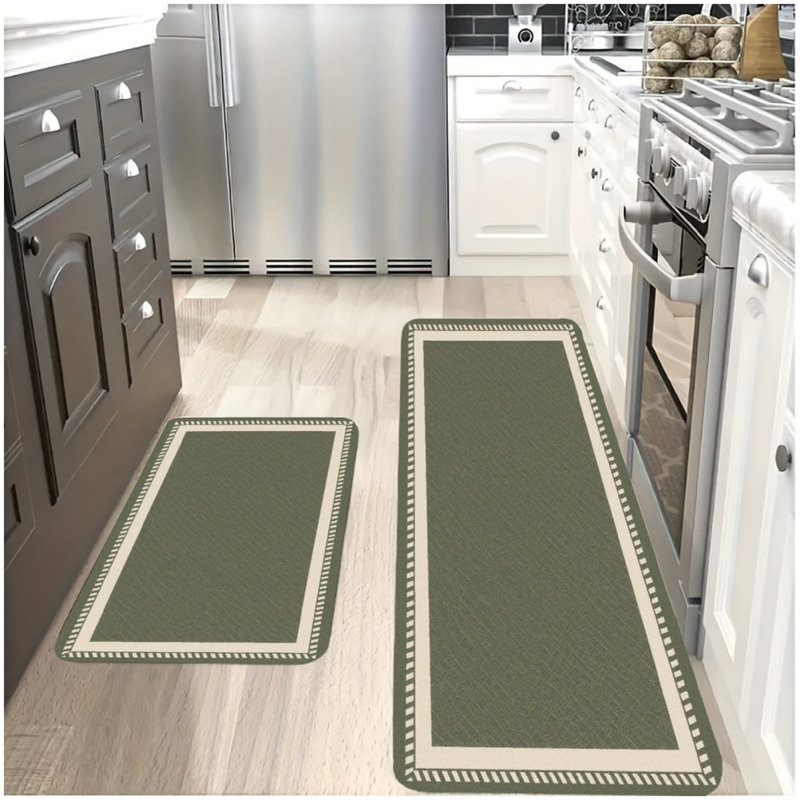 Tapis de cuisine vert olive à bordure, ensemble de 2 tapis de sol pour la décoration intérieure, tapis de cuisine et d'entrée