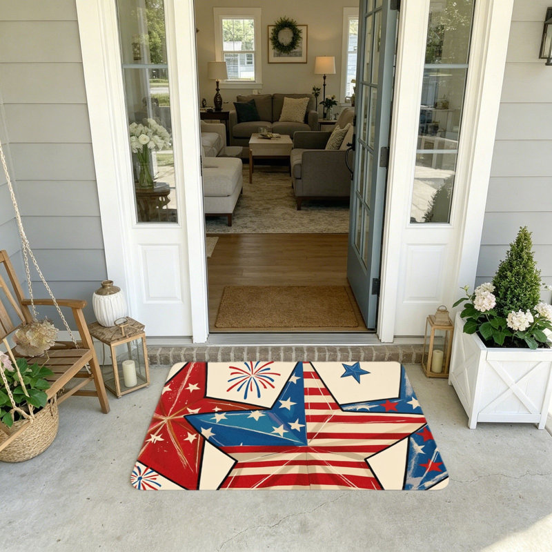 Red White Blue Star Firework Patriotic Foyer Entry Mat 20"x 32"