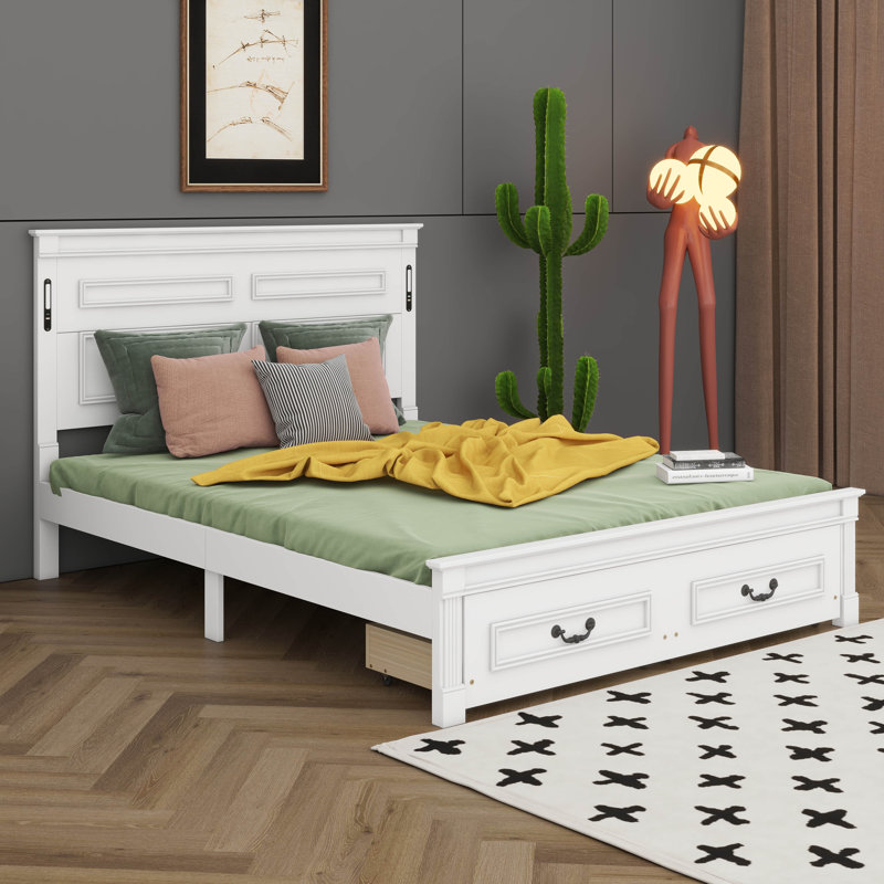 Base de lit en bois avec tête de lit et 2 tiroirs de rangement, lit plateforme avec lumières DEL et station de charge USB