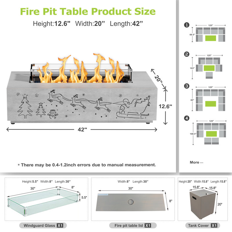 Outdoor 12.6" H X 42" W Metal Propane Outdoor Gas Fire Pit Table With Golden Light, Gray