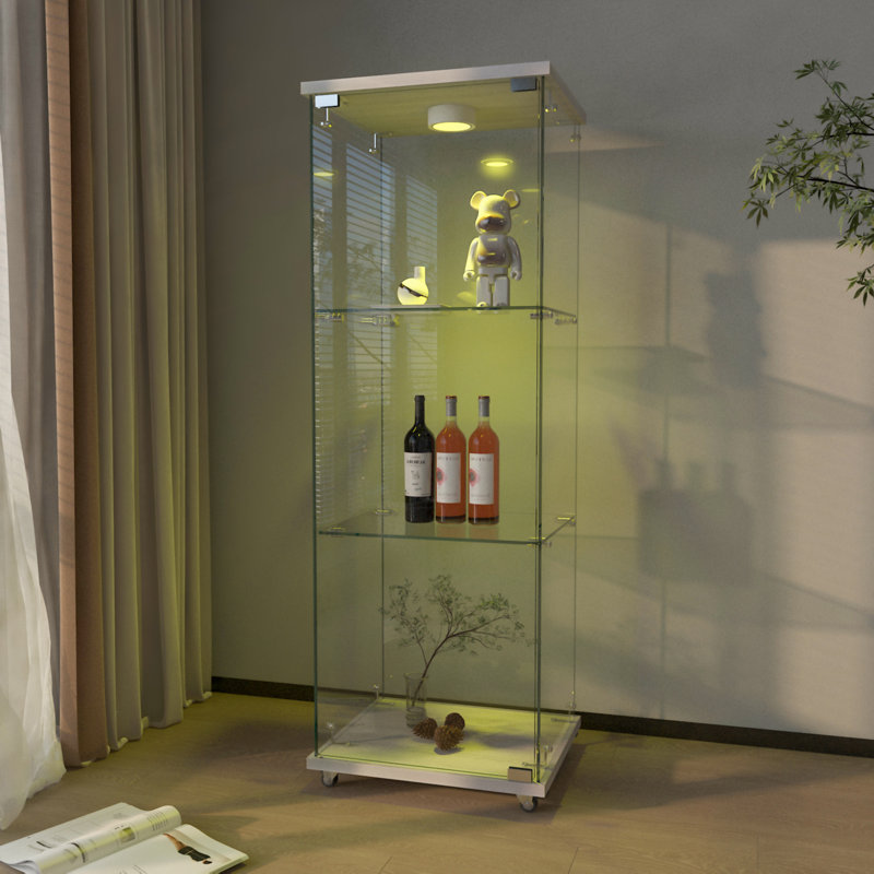 Vitrine moderne en verre avec lumières DEL, tablettes en verre trempé à 3 niveaux, conception à assemblage rapide, Blanc