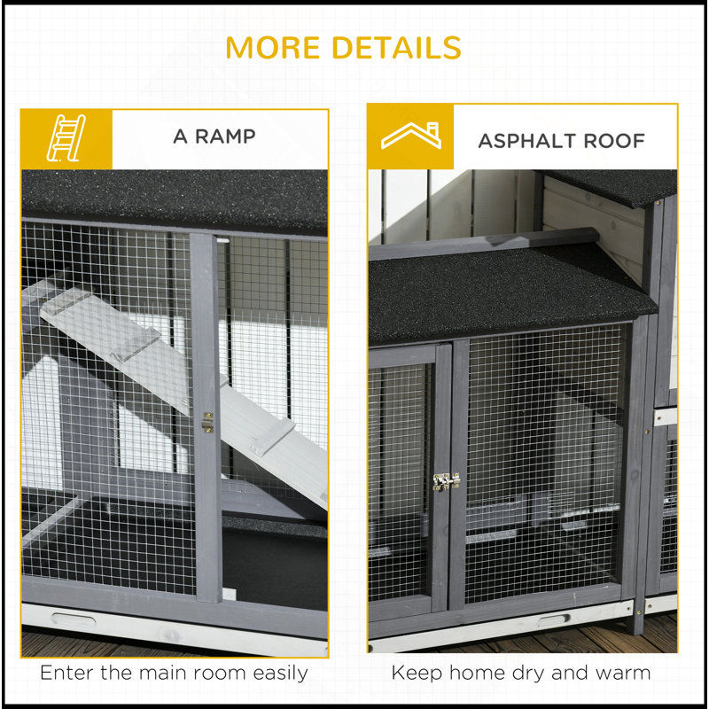 Enclos 90,5 po en bois avec cage à lapin et cage à lapins, Gris