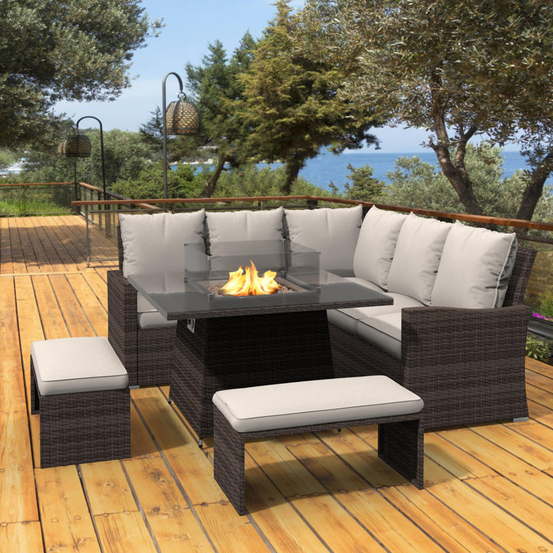 Ensemble de conversation en osier / rotin pour 7 personnes avec coussins Rochford, Beige, Brun