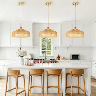12" 3-Light Brushed Gold Pendant Light, Clear Glass Adjustable Hanging Fixture with Dimmable E12 Socket for Kitchen Island Dining Room(Amber Glass)