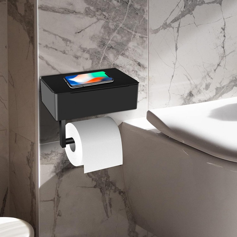 Porte-papier hygiénique noir en acier inoxydable - fixation murale sans installation et rangement de lingettes jetables