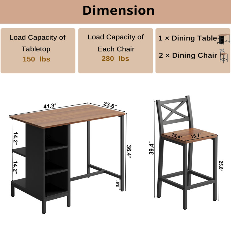 Industrial Style 3 Pieces Counter Height Dining Table Set With Storage Shelves, 41.3’’L Rectangular Dining Table With 2 Dining Chairs For Compact Kitchen Or Dining Room