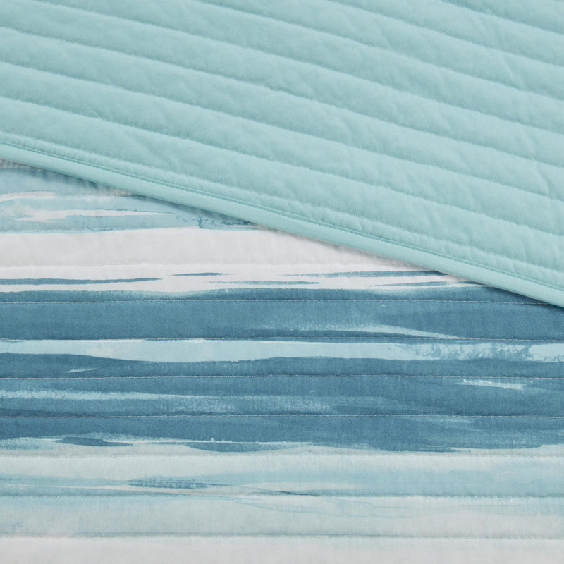 Polyester Printed Reversible Quilt Set of 6, Aqua, King Quilt + 5 Additional Pieces