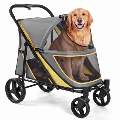 Poussette pour chiens de grande et moyenne taille, supporte les animaux jusqu'à 44 kg, cadre en aluminium, roues pivotantes à 360°, poussette pliable avec bandes réfléchissantes pour les promenades en extérieur