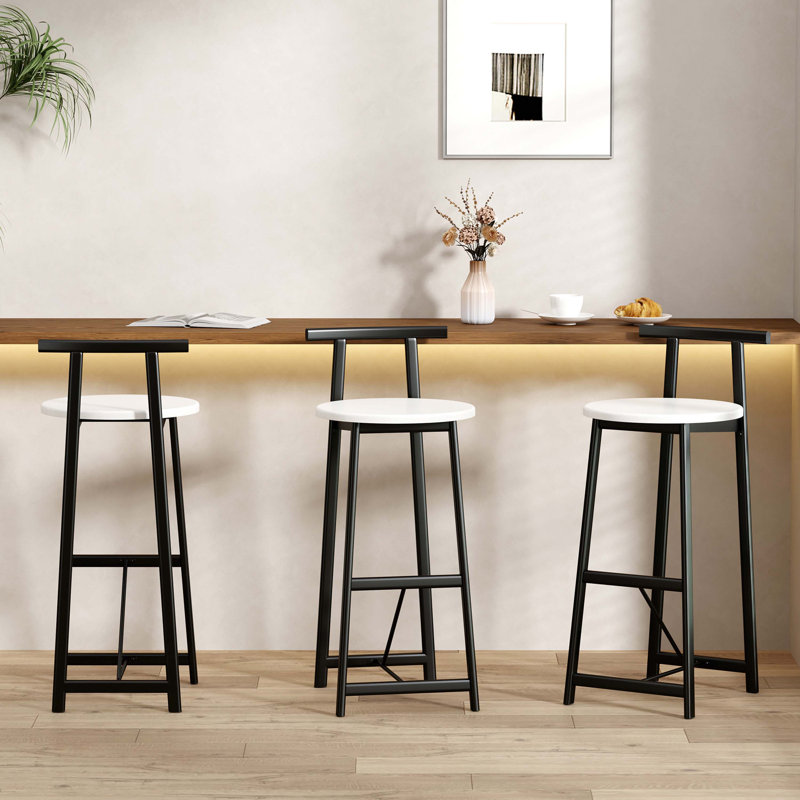 27''H Barstool Set of 3 Wooden Round Bar Stools with Footrest Modern Kitchen Chairs for Counter, White