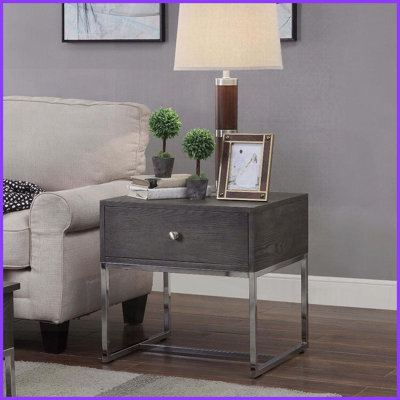Chêne gris moderne Table basse chromée avec rangement - Base en métal robuste pour le salon