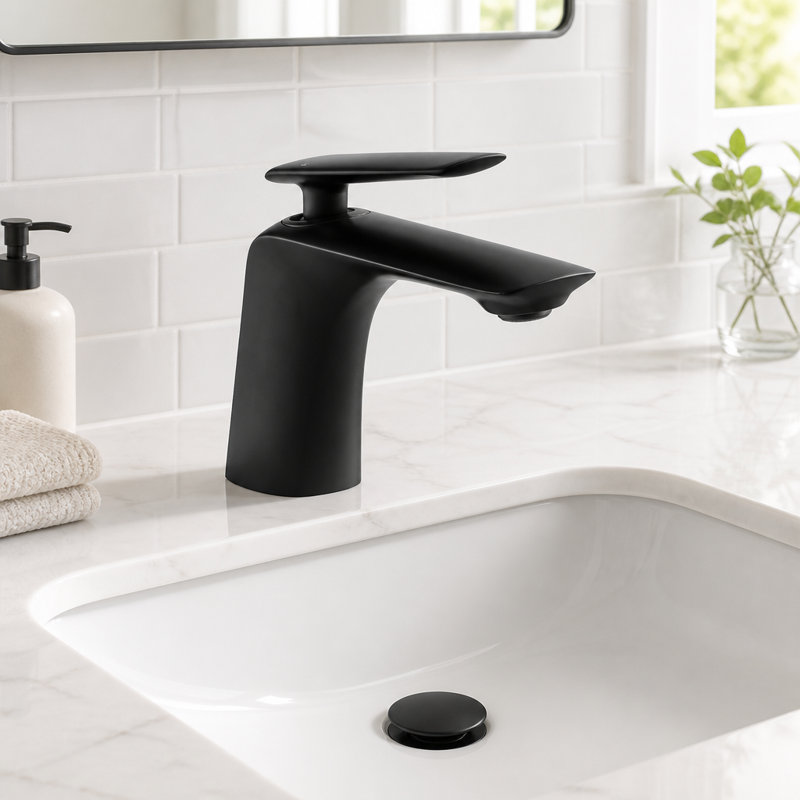 Robinet pour salle de bain à poignée simple avec drain, Noir mat