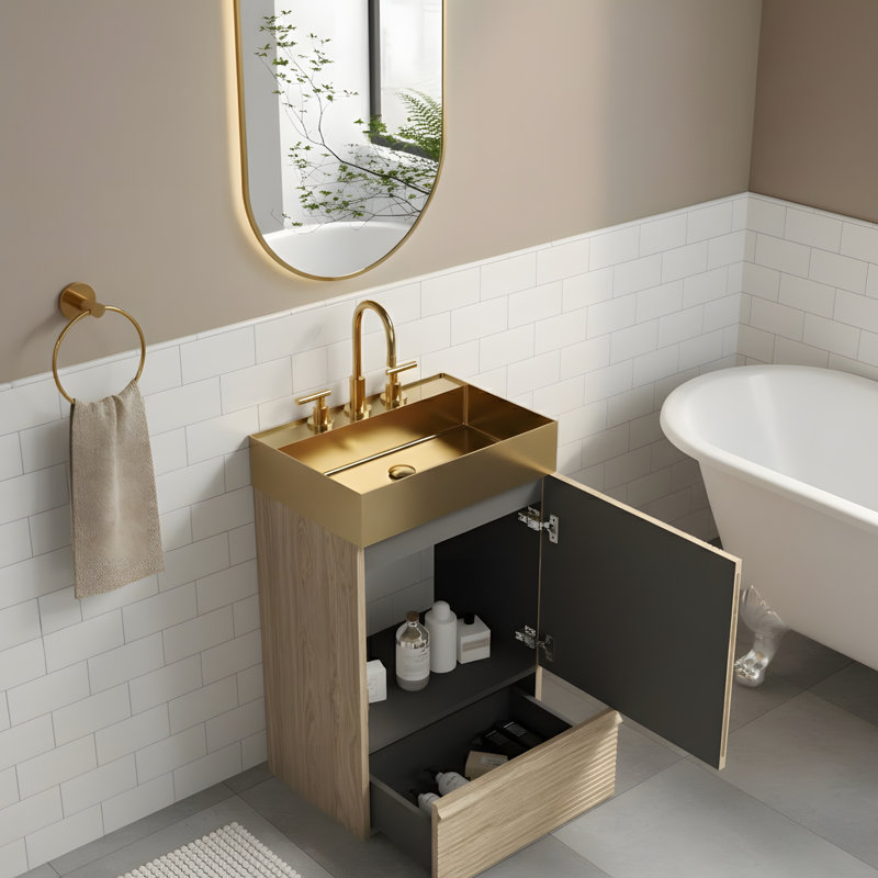 Meuble-lavabo autoportant en métal doré, Doré, Chêne clair