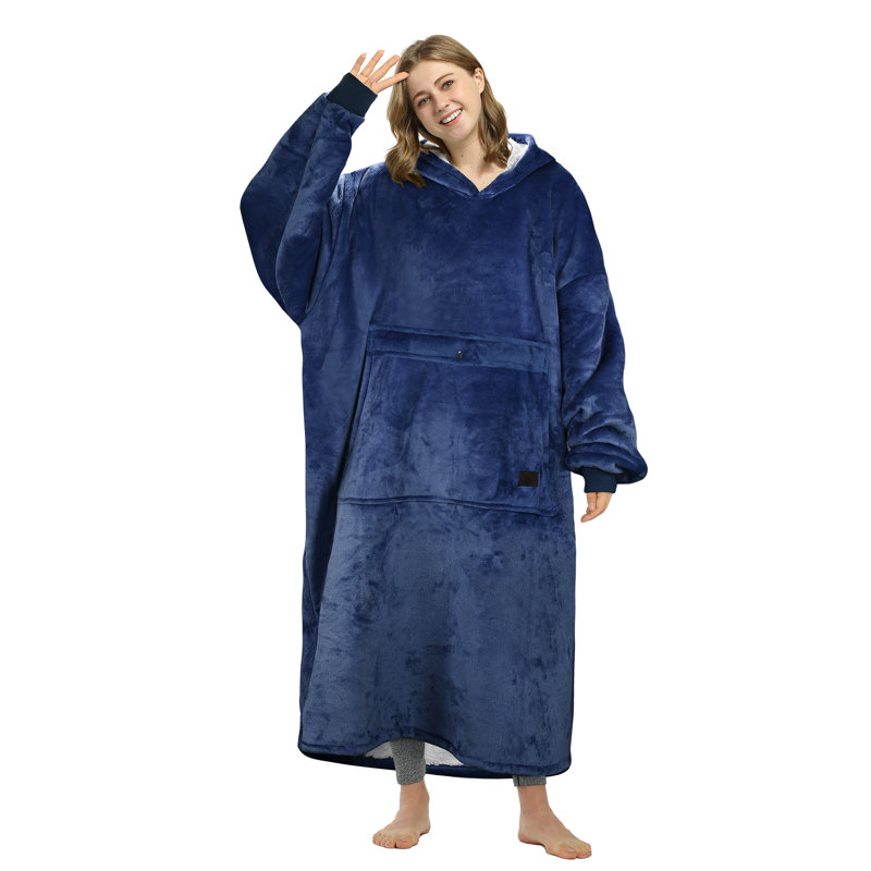 Couvre-lit à capuchon pour tout le corps, très long surdimensionné confortable en sherpa, Bleu foncé, Couleur unie