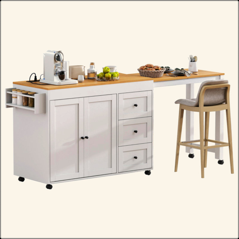 74.8" Kitchen Island With Extendable Dining Table, Kitchen Storage Cart With 3 Drawers, Power Outlet, Rolling Kitchen Island On Wheels With Spice Rack And 2 Door Cabinet, For Kitchen