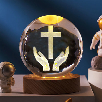 Crystal Night Light Engraved Holy Family Figurine Statue With Wooden Stand Color Changing Light Glass Religious Collection Catholic