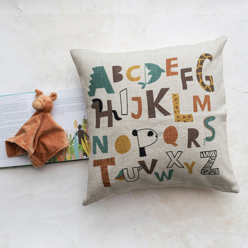 Kids' Alphabet Embroidered Cotton Square Pillow