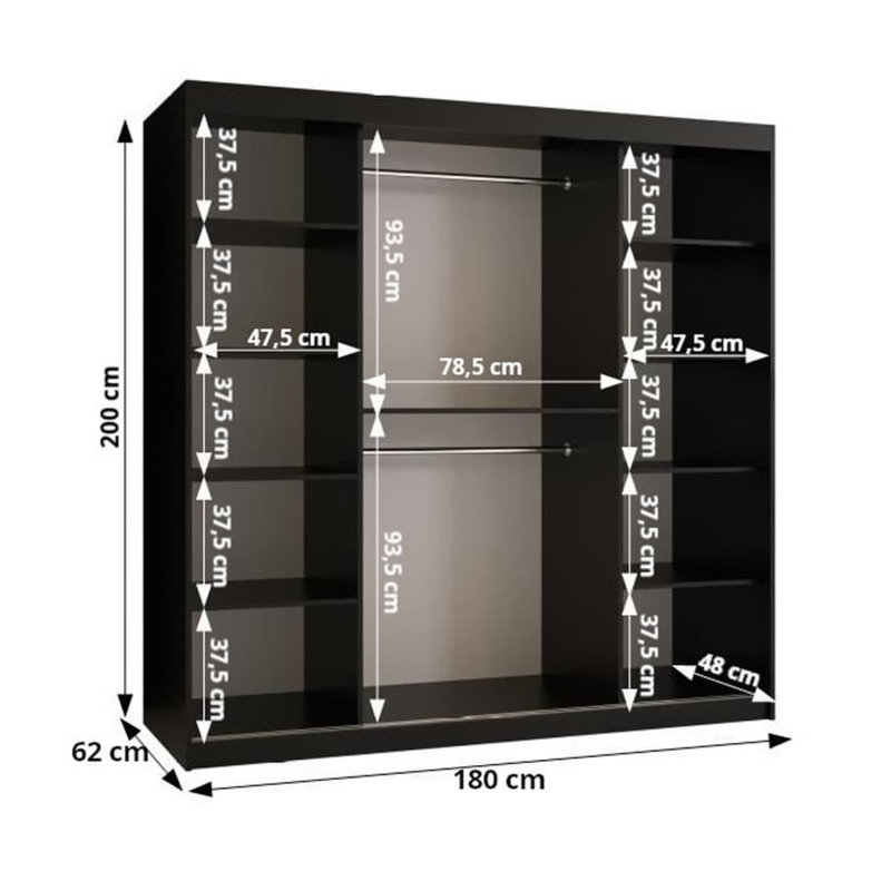 Ashwanth Manufactured Wood Wardrobe, Black, 200cm H x 180cm W x 62cm D