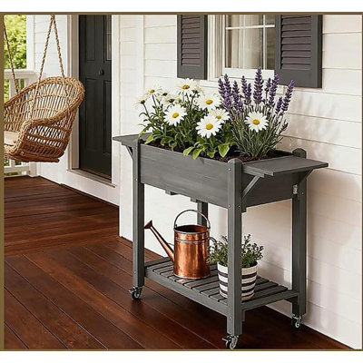 Elevated Garden Bed,Wood Raised Planter Box,with Lockable Wheels,Side Tables,Bottom Shelf,Drain Holes