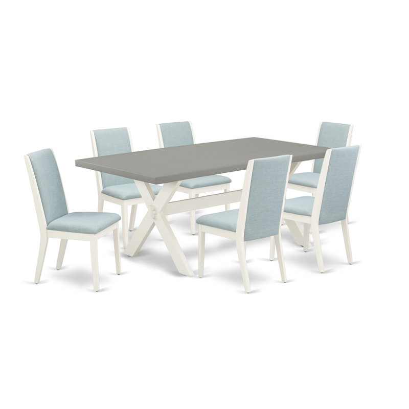 Ensemble de table de salle à manger moderne 7 pièces 7 pièces en X , Ciment, Lin blanc, Bleu pastel