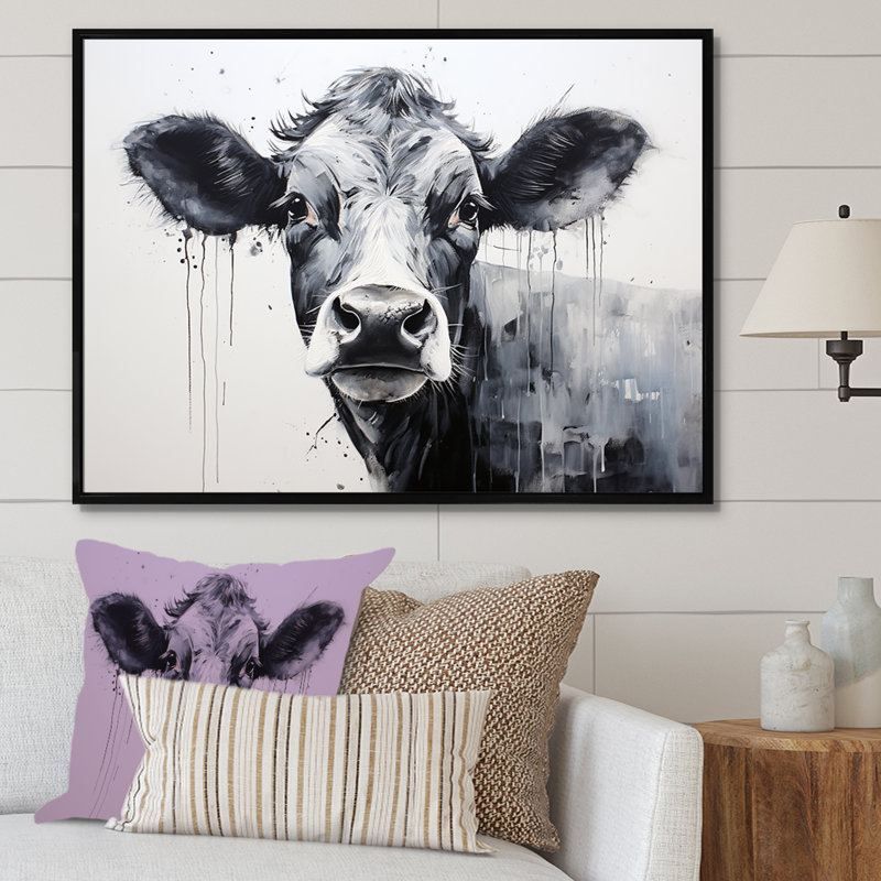 Minimalisme noir et blanc «I» - Vache, art mural, Cadre flottant noir, H 30 po x l 40 po x P 1,5 po