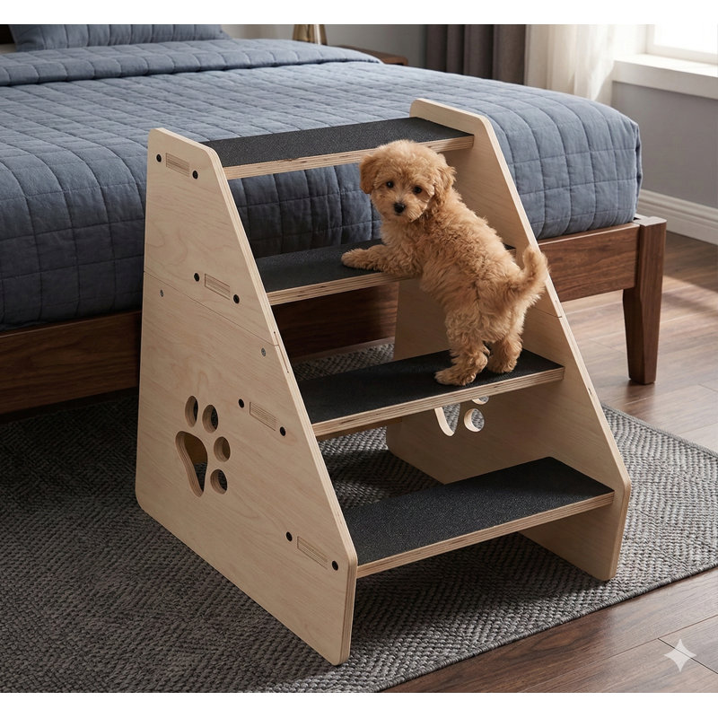 Rampe en bois à quatre marches pour petits et moyens chiens et chats âgés, échelle pour animaux de compagnie antidérapante pour accéder aux lits hauts, aux canapés et aux baies vitrées