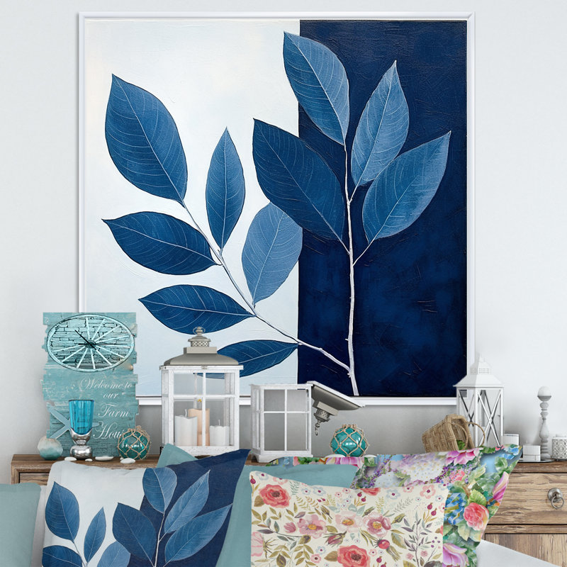Blue Indigo Leaves Harmony I, Cadre flottant blanc, H 36 po x l 36 po