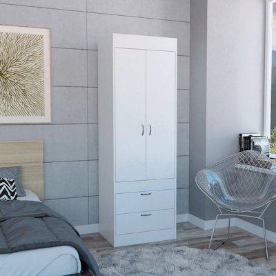 Armoire, tringle, porte double, deux tiroirs, poignées en métal