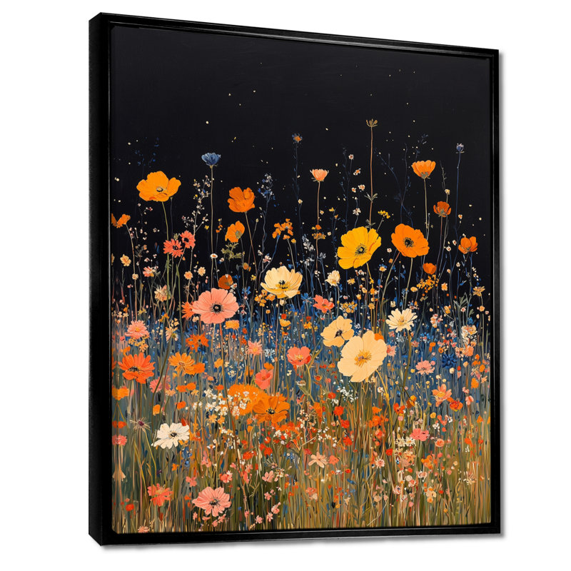 Fleurs jaunes jaunes, Mid Night Meadow III - Art mural fleurs sauvages, H 32 po x l 16 po, Impression encadrée flottante
