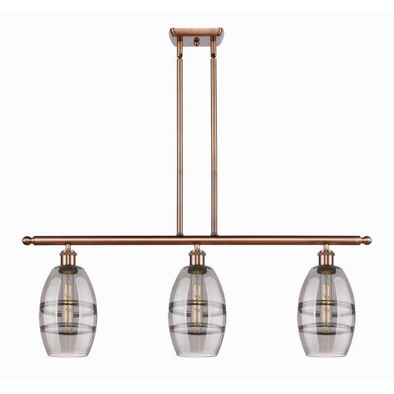 Luminaire suspendu pour îlot de cuisine 3 lumières Dundrod, Gris fumée clair, Cuivre antique