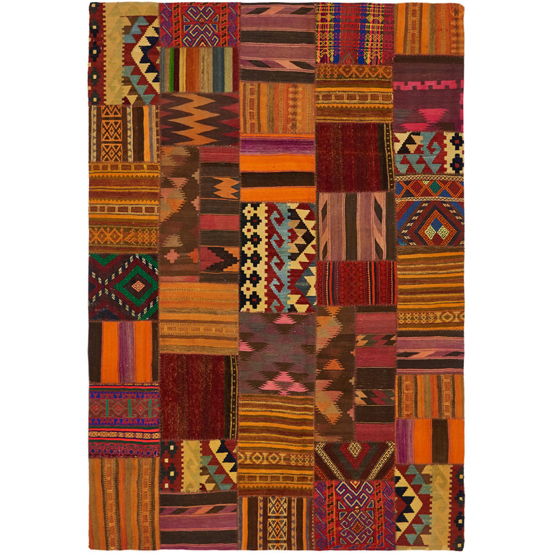 Tapis de 6'7" x 9'7" en laine marron / orange noué à la main Alexia