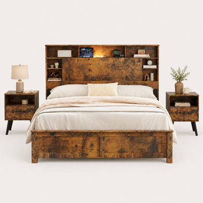 Ensemble de chambre à coucher 3 pièces avec lit tête de lit avec rangement, DEL, station de charge et 2 tables de chevet