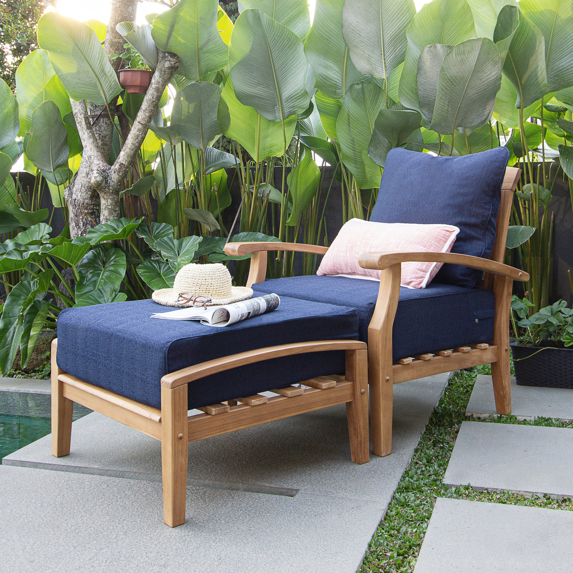 Summerton 2 Piece Teak Outdoor Conversation Set with Cushions, Navy