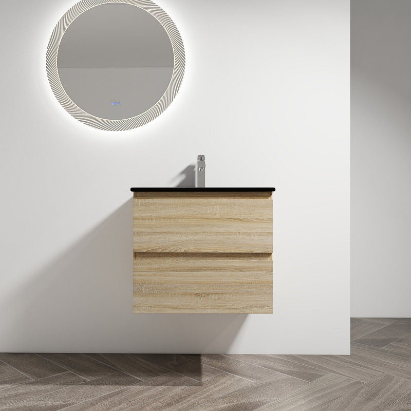 Meuble-lavabo mural 24 po avec lavabo en céramique noire, 2 tiroirs à fermeture en douceur, ensemble KD, Chêne clair