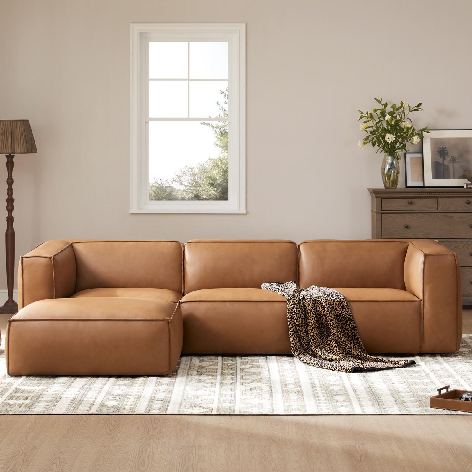 Jaye 3-Piece Genuine Leather Modular Sofa With Ottoman