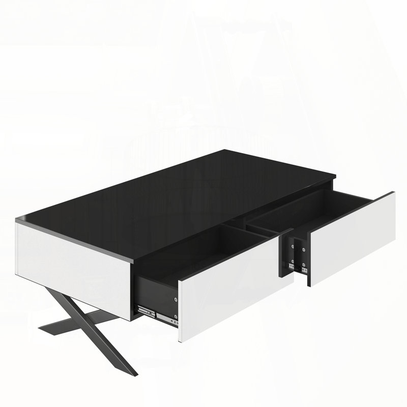 Table basse rectangulaire à miroir avec 2 tiroirs et plateau noir ultrabrillant - 47,3 po