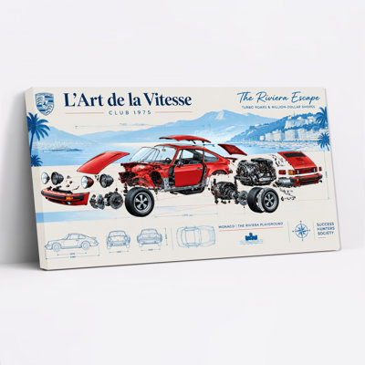Red Porsche 911 Technical Blueprint on Monaco Coastline Canvas Wall Art