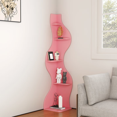 Bibliothèque d'angle moderne, grande étagère d'angle à 5 niveaux pour petits espaces, bibliothèque d'angle ondulée avec rangement, étagère en bois pour plantes, livres et décor, plusieurs couleurs et tailles (rose)