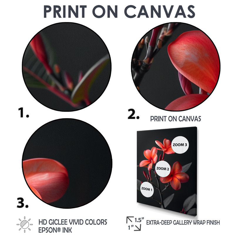 «Red Plumeria Whimsical Wonders II - Plumeria», reproduction d'art murale rouge, Toile avec cadre flottant brun