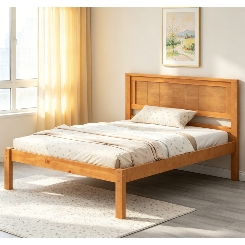 Élégant cadre de lit plateforme simple avec tête de lit, support en lattes de bois, aucun sommier nécessaire, Lit simple, Oak