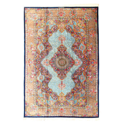 Tapis perse multicolore en soie pure noué à la main 7 pi 11 po x 11 pi 7 po