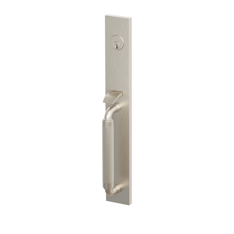 Emtek SELECT Faux mortaiser pleine longueur, tige extérieure en forme de R avec poignée moletée, bouton intérieur rond, nickel satiné