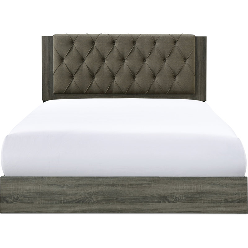 ClickDecor Kenton Panel Bed Frame with Diamond Tufted Upholstered Headboard, Gray, King